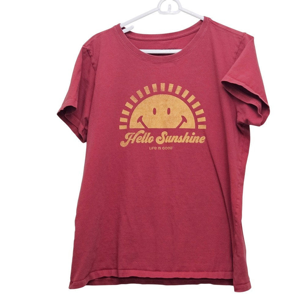 Life is Good Graphic T-Shirt Womens L Red Hello Sunshine Smiley Face Crusher Tee